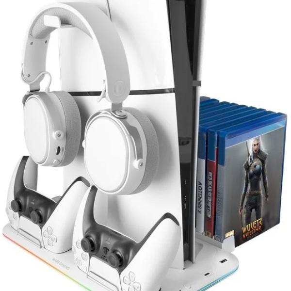 Suporte Néon RGB PS5 Slim Standard e Digital c/ Carregador de Comandos Duplo (Branco) - MARS GAMING