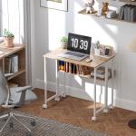 Secretária Dobrável com Rodas e Prateleira Mesa Secretária Compacta com Bolsa de Armazenamento 80x50x75 cm Madeira e Branco
