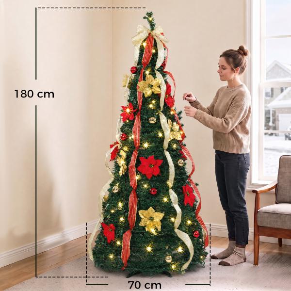Árvore de Natal Desdobrável 180 cm com 100 Luzes LED, 11 Modos, Comando à Distância e Decoração Incluída, Verde