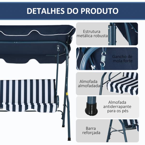 Baloiço de Jardim de 2 - 3 Lugares com Almofada Toldo Ajustável Terraço Patio Capacidade 240kg 170x110x153cm Azul e Branco