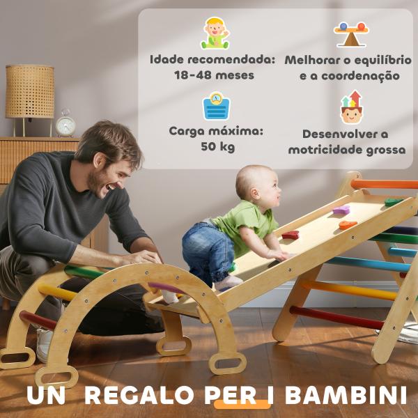 Triângulo de Escalada de Madeira 5 em 1 Escada para Crianças de 18 - 48 Meses com Rampa e Arco de Escalada 178x64,5x63 cm Multicor