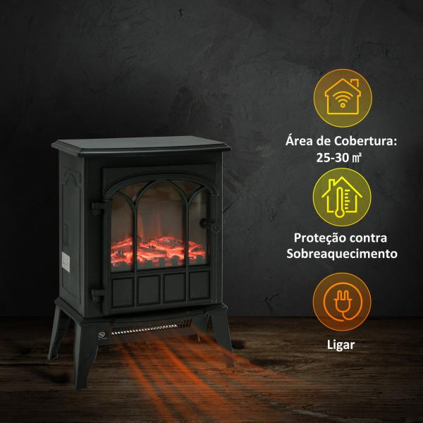 Lareira Elétrica Portátil 1000/2000W com Efeito de Chama Realista e Proteção Contra Superaquecimento 41,5x28x54 Preto