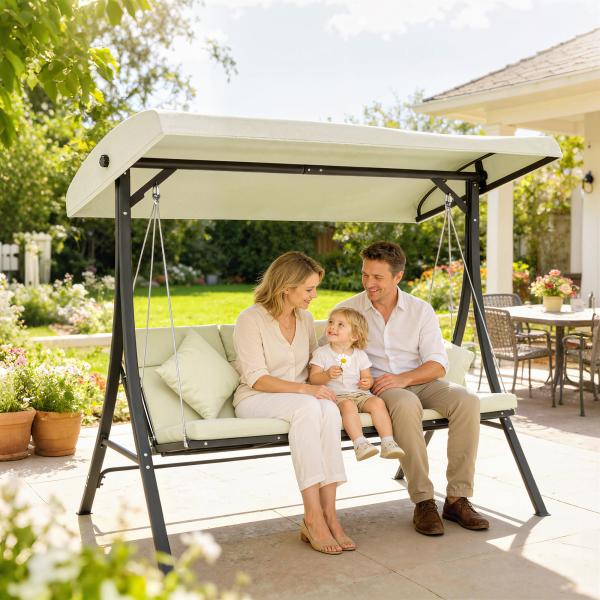 Baloiço de Jardim Exterior de 3 Lugares com Toldo Ajustável e Estrutura de Aço 202x115x168 cm Bege