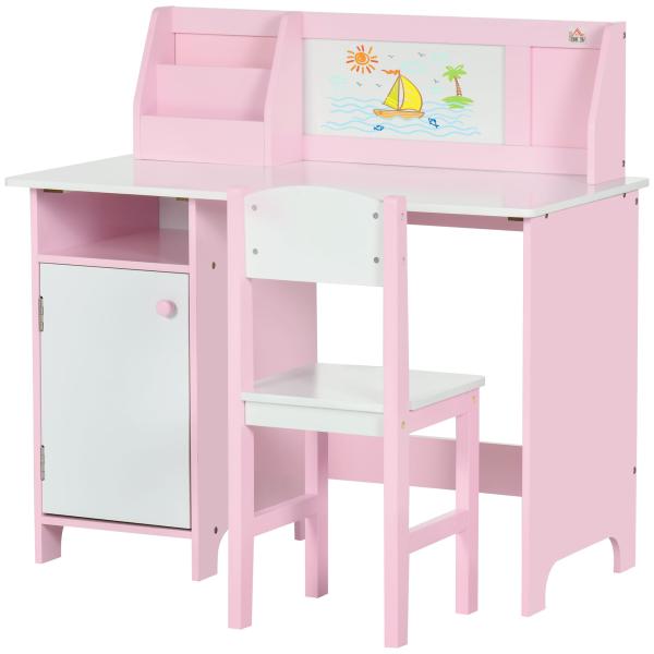 Conjunto de Mesa e Cadeira Infantil de Madeira com Quadro Branco Mesa de Estudo para Crianças acima de 5 Anos 90x45x85cm Rosa