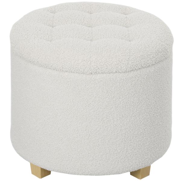 Puff de Armazenamento Banco de Armazenamento Redondo 40,5L 45x45x41 cm Estofado em Borreguito Banco Apoia - Pés Branco
