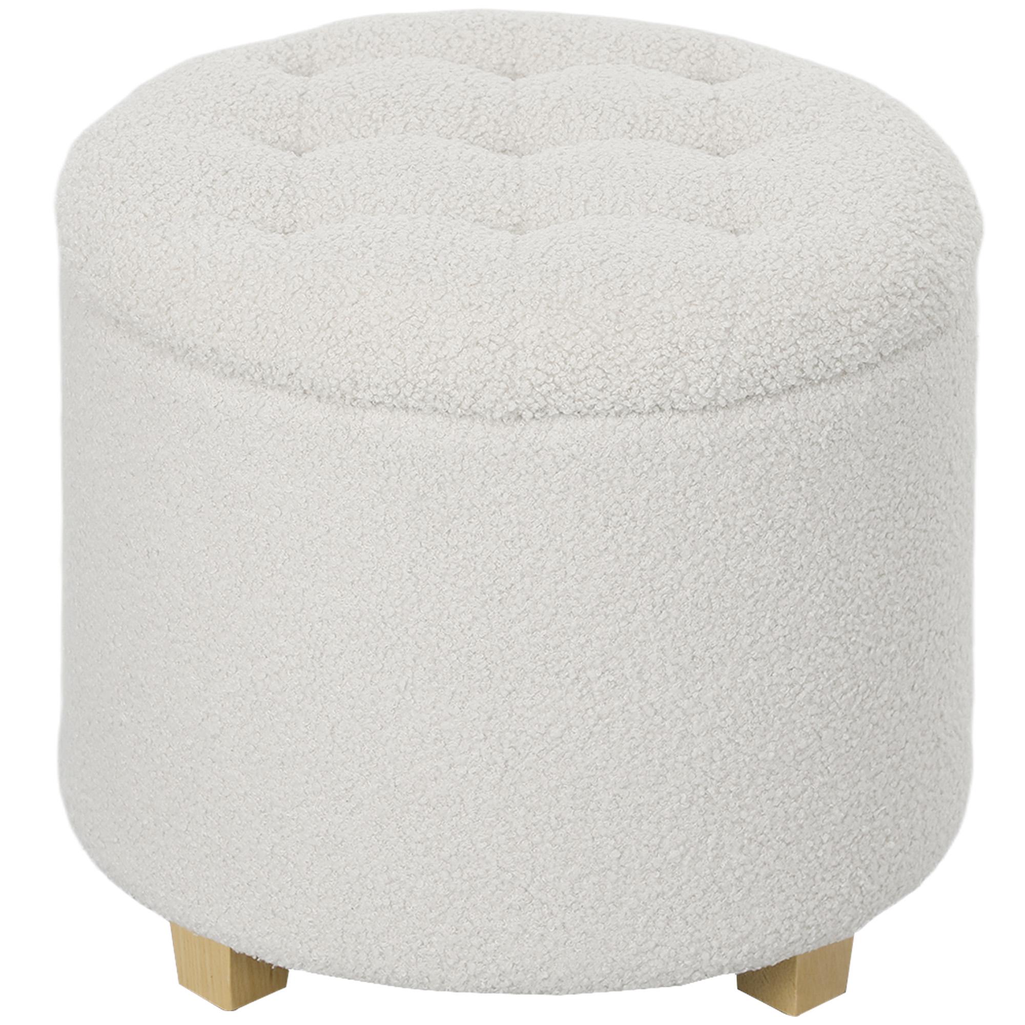 Puff de Armazenamento Banco de Armazenamento Redondo 40,5L 45x45x41 cm Estofado em Borreguito Banco Apoia - Pés Branco