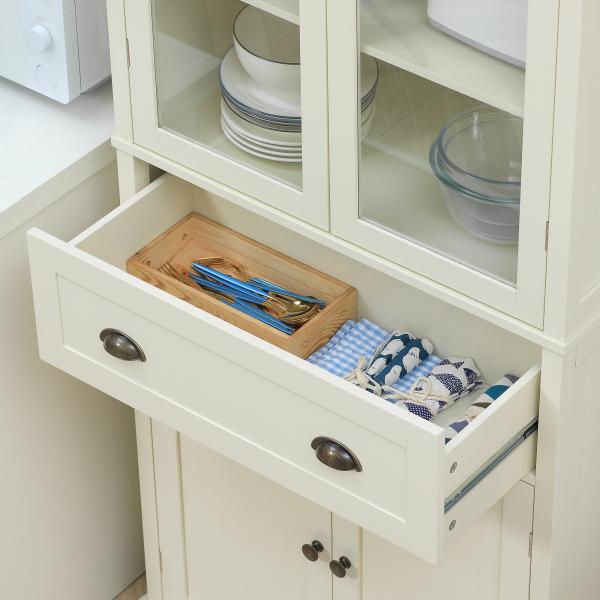 Armário de Cozinha com 2 Portas de Vidro 1 Gaveta e Prateleira Ajustável Móvel Auxiliar de Cozinha 76x40x182,5cm Creme