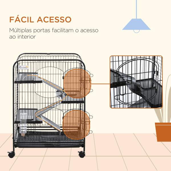 Gaiola para Roedores com Rodas 2 Portas 3 Plataformas Bandeja Amovível Comedouro e Bebedouro 61,5x44x95cm Preto