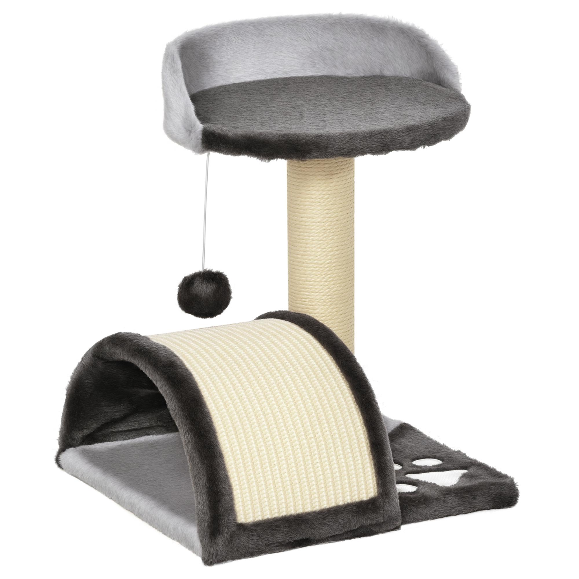 Árvore Arranhador para Gatos de 2 Níveis com Poste e Tapete de Arranhar Cama e Bola Suspensa 35,5x37x46 cm Cinza
