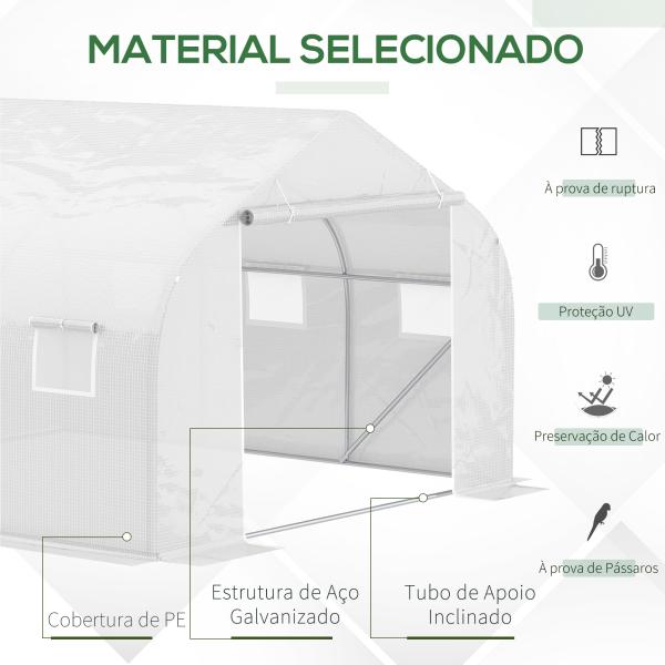Estufa Tipo Túnel 445x299x200cm com Porta Enrolável 6 Janelas Estufa para Cultivo de Plantas Verduras Branco