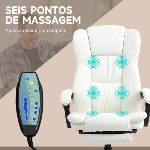 Cadeira de Escritório com Altura Ajustável 6 Pontos de Massagem e Apoio para os Pés Retrátil 68,5x68,5x113 - 121 cm Creme