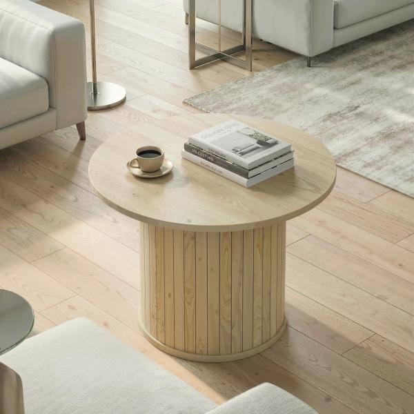 Mesa de Centro Redonda com Base de Coluna de Ripas para Sala de Estar ou Quarto Ø60x40 cm Madeira