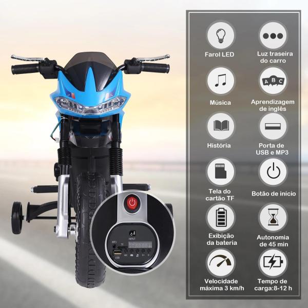 Mota Elétrica Infantil Motocicleta para Crianças acima de 3 anos Bateria 6V com Luzes e Música 105x52,3x62,3 cm Azul