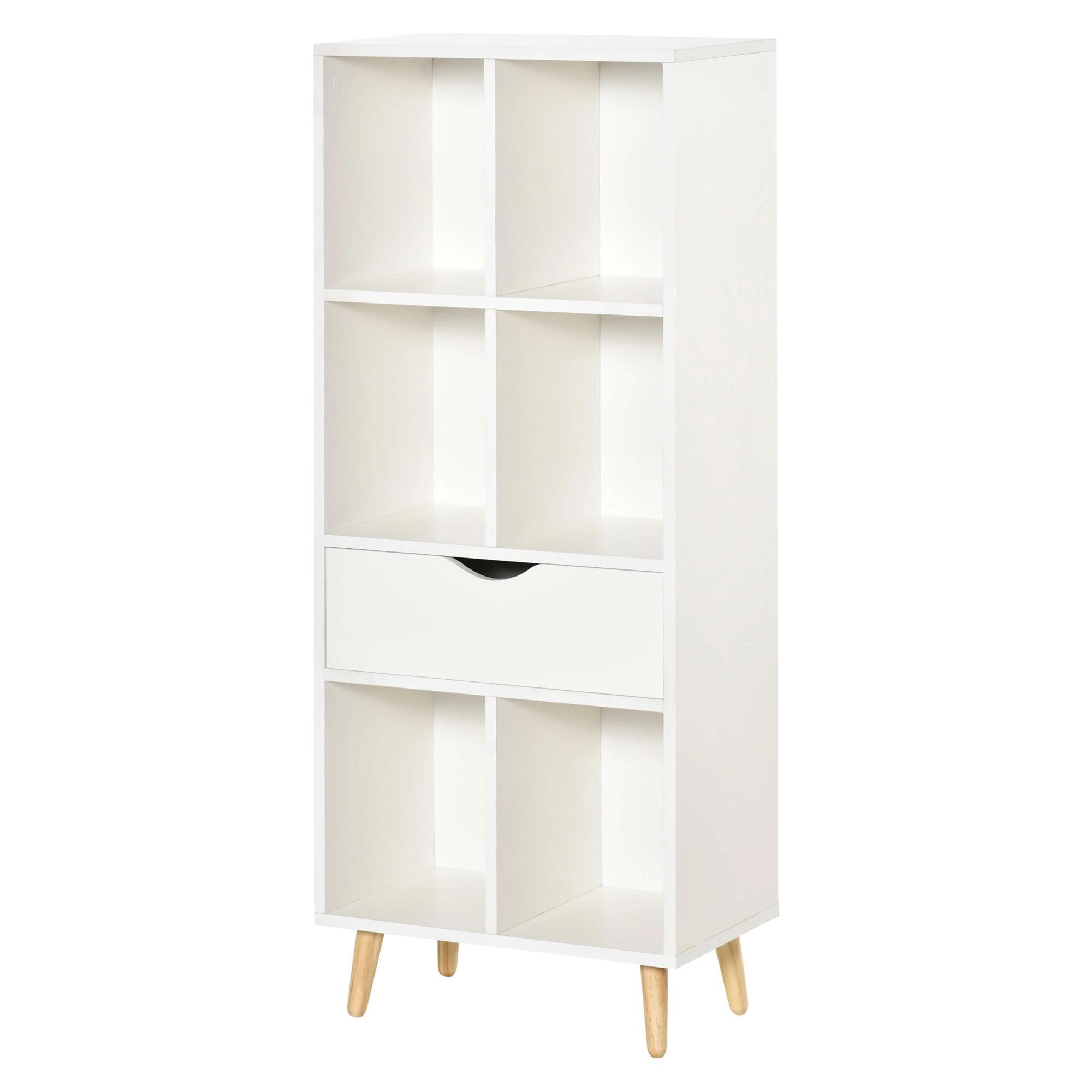 Estante para Livros com 6 Compartimentos Abertos 1 Gaveta e Pés de Madeira para Armazenamento de Brinquedos CDs Plantas 50x29,5x120cm Branco