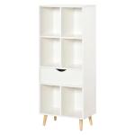 Estante para Livros com 6 Compartimentos Abertos 1 Gaveta e Pés de Madeira para Armazenamento de Brinquedos CDs Plantas 50x29,5x120cm Branco