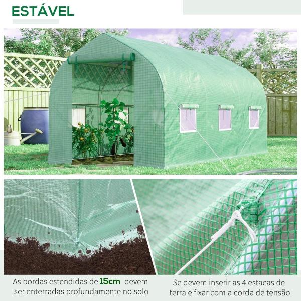 Estufa Tipo Túnel 400x200x200cm Estufa de Jardim com 6 Janelas Transpiráveis e Portas Enrolável com Zíper para Cultivo de Plantas e Verduras Verde
