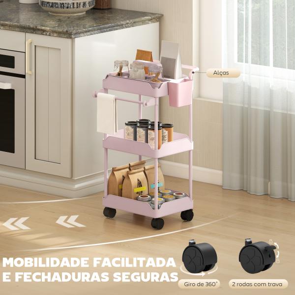 Carrinho Auxiliar com Rodas de 3 Níveis com Cestos Extraíveis Suporte para Toalhas e Estrutura de Metal 42x42,5x76 cm Rosa