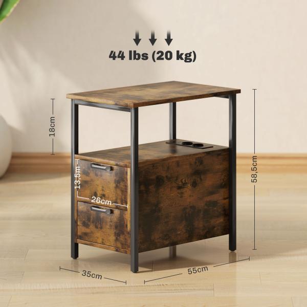 Mesa Auxiliar com Estação de Carga Entrada USB Tomada Elétrica 2 Gavetas e Prateleira 55x35x58,5 cm Marrom Rústico
