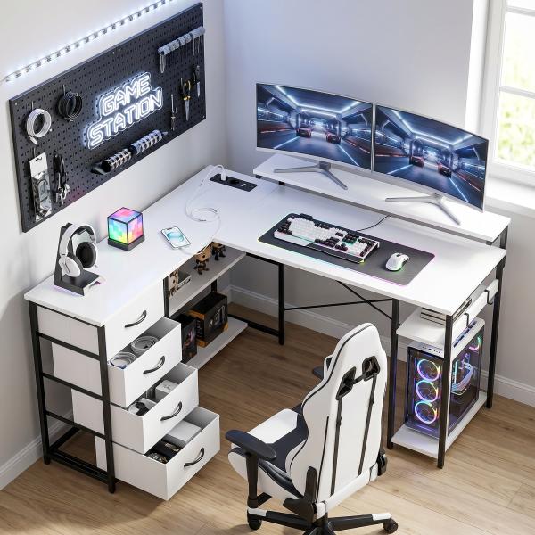 Mesa de Canto para Computador Amplo Espaço de Arrumação com 4 Gavetas 155x112x91,5 cm Branco