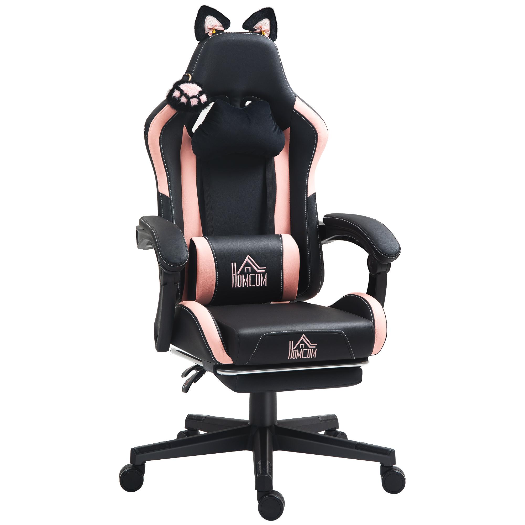 Cadeira Gaming com Orelhas Cadeira Gamer Reclinável com Altura Ajustável e Suporte Lombar 65x62x116 - 124 cm Preto e Rosa