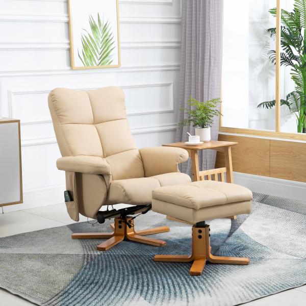 Poltrona Relax Reclinável com Apoio de Pés, 10 Pontos de Massagem, Giratória, Comando à Distância, Bolso Lateral, Creme