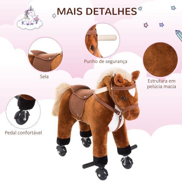 Cavalo para Crianças acima de 36 Meses com Rodas Sons de Relincho e Pedais Carga 60 kg 55x23x60 cm Marrom