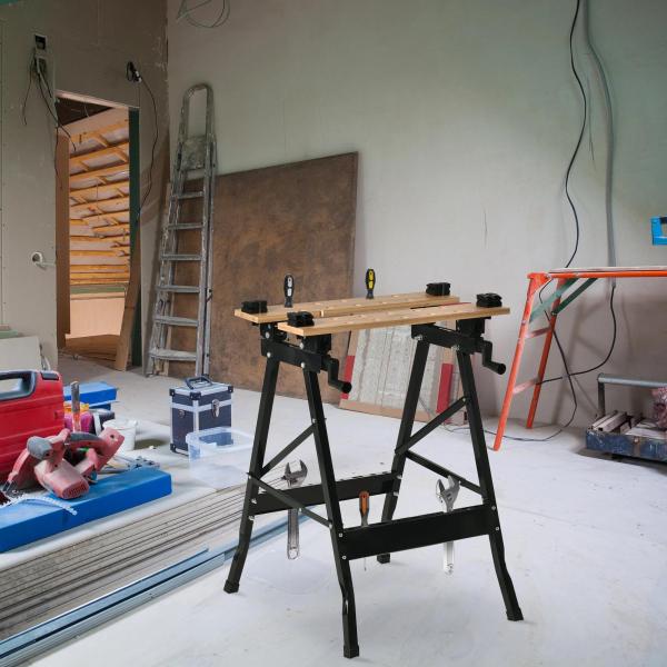 Bancada de Trabalho Dobrável Portátil com Placas Ajustáveis em Ângulo e Distância Bambú e Aço Carga Máx. 150kg 63,5x60x5x78cm Madeira Natural e Preto