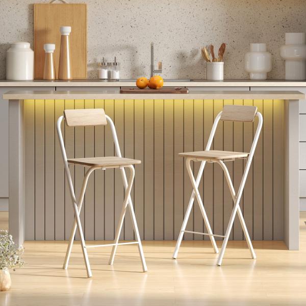 Conjunto de 2 Bancos de Bar Dobráveis Bancos Altos de Cozinha com Encosto Apoio para os Pés 37x45x87 cm Madeira