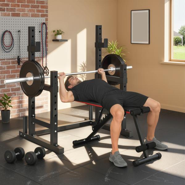 Suporte Ajustável para Barras de Pesas com Segurança Reforçada Carga até 300 kg Altura Regulável 48 - 135/45 - 85 cm Preto