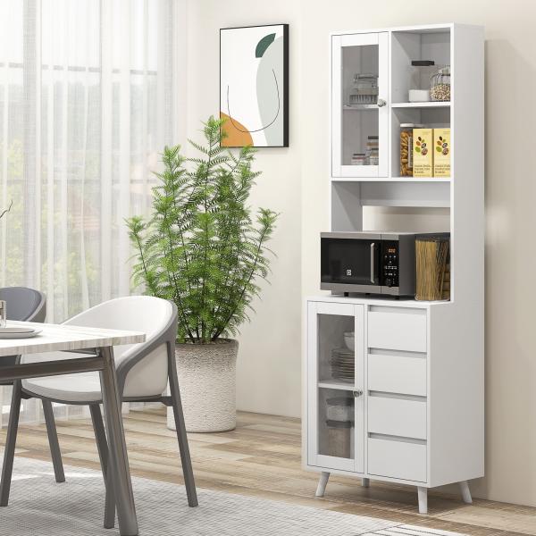 Armário de Cozinha com 2 Armários com Portas de Vidro Temperado 2 Compartimentos Abertos 4 Gavetas e Prateleiras Ajustáveis 60x35x180 cm Branco