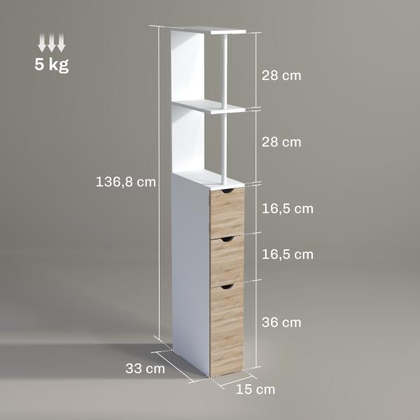 Coluna de Casa de Banho Moderna Auxiliar com 2 Prateleiras, 2 Gavetas e 1 Porta Antiviragem 15x33x136,8 cm Madeira Natural