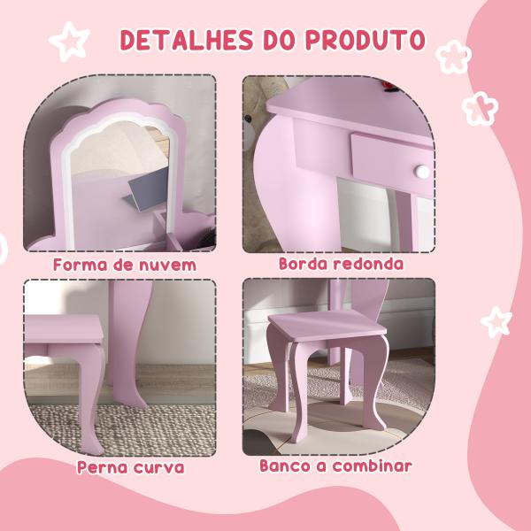 Toucador Infantil para Meninas e Meninos Toucador de Maquilhagem com Banco Espelho Gaveta e Caixas de Arrumação Rosa