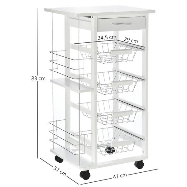 Carrinho de cozinha de 5 níveis com gaveta Cestas Rodas 47x37x83 Branco