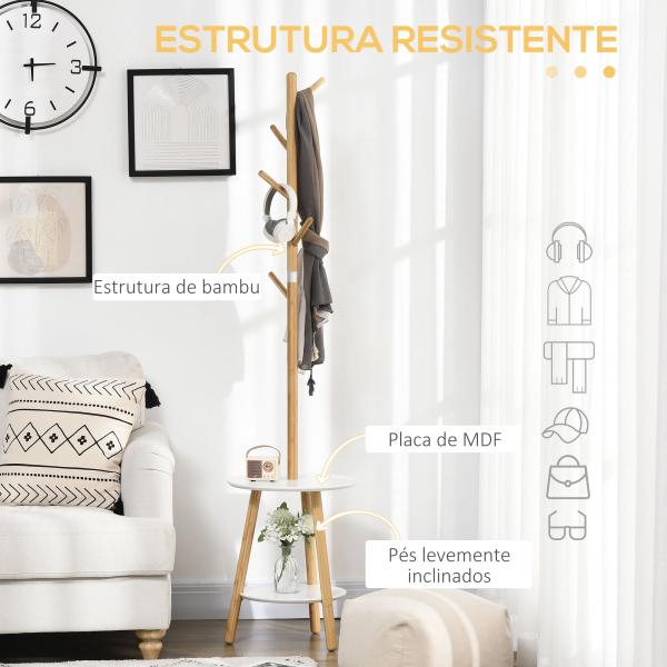 Cabide de Pé de Bambu 2 em 1 com 2 Prateleiras 5 Ganchos e Estrutura de Alumínio 39x5x39,5x71cm Madeira e Branco
