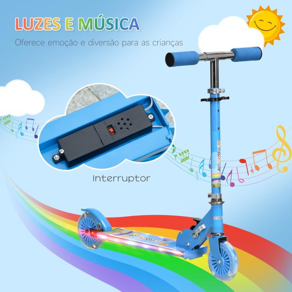 Trotinete para Crianças Dobrável com Luzes e Música 4 Alturas Ajustável Rodas Brilhantes e Pedal LED 67x32x65 - 78 cm Azul