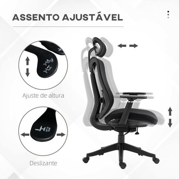 Cadeira de Escritório de Malha Reclinável com Apoio para a Cabeça Ajustável e Suporte Lombar 70x66x120 - 128 cm Preto