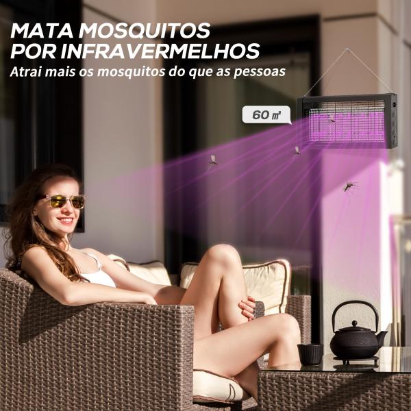 Lâmpada Anti - Mosquitos com Luz LED Mata Mosquitos Elétrico 8W Efetivo para 60 m² com Corrente para Interior Jardim Terraço Pátio 49x6x25 cm Preto
