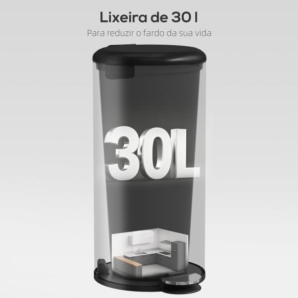 Caixote do Lixo de Cozinha 30L com Pedal, Tampa de Fecho Suave e Balde Interior Removível, Preto