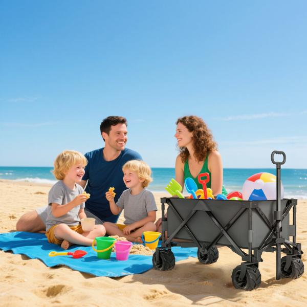 Carrinho de Transporte Dobrável com Rodas Giratórias 360° e Guiador Ajustável 59 - 89 cm para Campismo Praia 108x55x61 - 91 cm Cinza Escuro