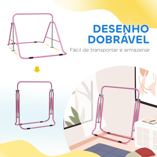 Barra de Ginástica para Crianças Dobrável com Altura Ajustável para Treino em Casa 154x106,2x88,5 - 128,5 cm Rosa