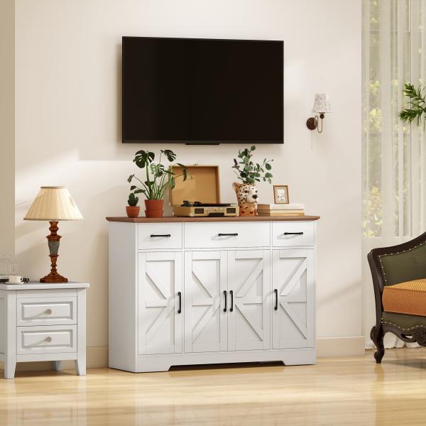 Aparador de Cozinha Rústico 4 Prateleiras de Porta Prateleiras Ajustáveis 3 Gavetas 120x38x87 cm Branco e Nogueira
