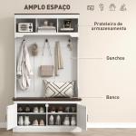 Móvel Cabide de Entrada com Banco Sapateira 5 Ganchos 3 Prateleiras Armário e Compartimentos Estilo Rústico 105x40x180 cm Branco