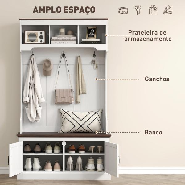 Móvel Cabide de Entrada com Banco Sapateira 5 Ganchos 3 Prateleiras Armário e Compartimentos Estilo Rústico 105x40x180 cm Branco