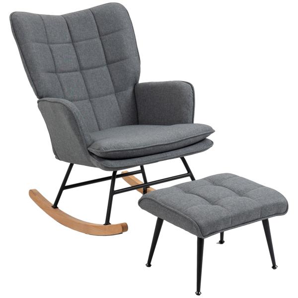 Conjunto de Poltrona Baloiço com Apoio para os Pés Poltrona Relax com Almofada Acolchoada e Anti - Tombo 64x89x90 cm Cinza