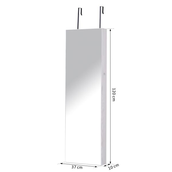 Espelho com Móvel de Bijuterias de Parede ou Porta Espelho de Parede com LED 5 Prateleiras 2 Gavetas pequenas e Fechadura 37x120x10cm Cinza Claro