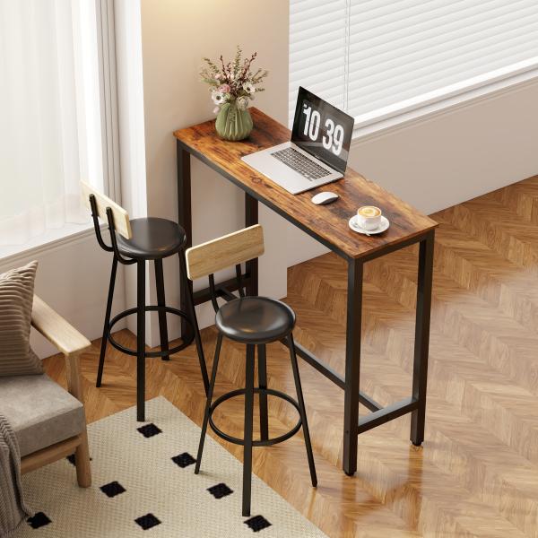 Conjunto de 2 Bancos de Bar Bancos Altos de Cozinha com Encosto e Apoio para Pés Estofados em PU Assento 41,5x36,5x99,5 cm Madeira e Preto