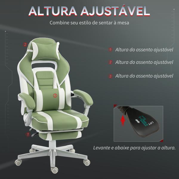 Cadeira Gamer Reclinável com Altura Ajustável Apoio para os Pés Retrátil Suporte Lombar e Almofada de Cabeça Amovível Verde
