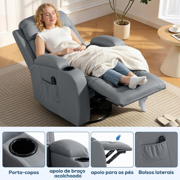 Poltrona de Massagem Giratória Poltrona Relax Reclinável com 8 Pontos de Massagem Função de Aquecimento 82x99x103 cm Cinzento