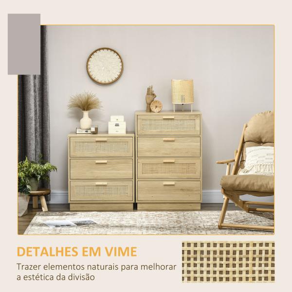 Cómoda com 4 Gavetas de Vime Cómoda de Madeira para Dormitório Sala de Estar Estilo Boêmio 60x38x88,5 cm Madeira