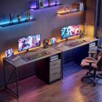 Mesa Gaming 120x50 cm Secretária Gaming Industrial com Compartimento e 2 Gavetas para Escritório Estúdio Cinzento Claro